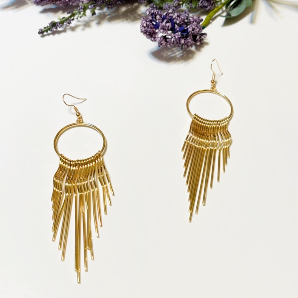 Gold hoop tassel drop earrings - Picture 2 of 7